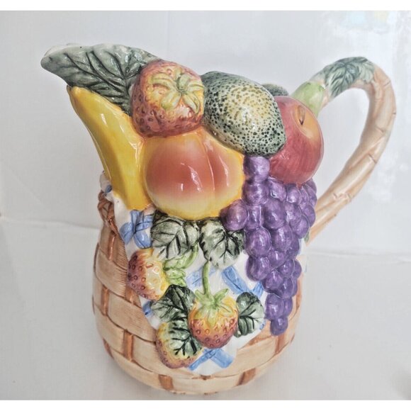 Majolica Ceramic Raised Harvest Fruits JUG Wicker Basket Design 7 1/2" Tall - Picture 1 of 11